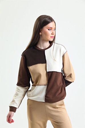 Kahverengi Basic Parçalı Patchwork Sweatshirt