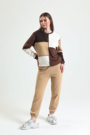 Kahverengi Basic Parçalı Patchwork Sweatshirt