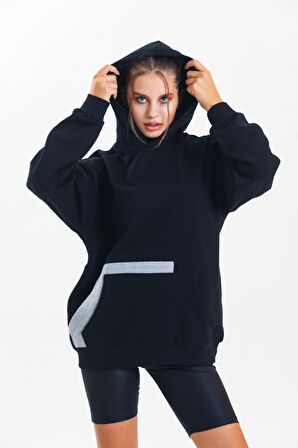 Siyah Kapüşonlu Çift Kanguru Cepli Oversize Sweatshirt 