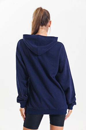 Lacivert Kapüşonlu Çift Kanguru Cepli Oversize Sweatshirt