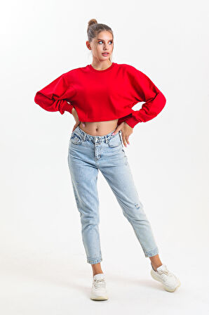 Kırmızı Oversize Crop Sweatshirt