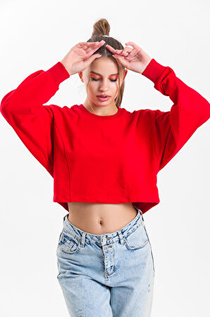 Kırmızı Oversize Crop Sweatshirt