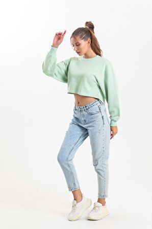 Su Yeşili Oversize Crop Sweatshirt