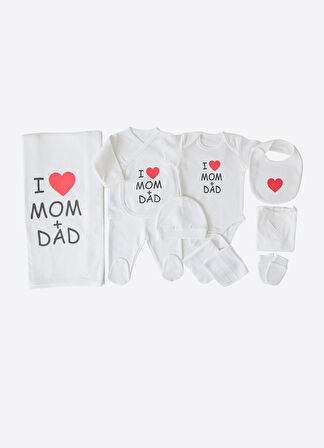 Organik ASK I Love Mom&Dad 10'lu Hastane Çıkış Seti Beyaz