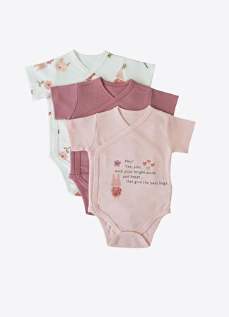 Organik Bunny 3'lü Kruvaze Kısa Kol Body Pembe