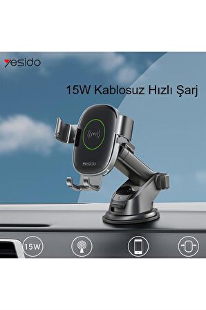 Peeq Yesido C123 Yapışkanlı 15W Kablosuz Şarjlı Araç Tutucu