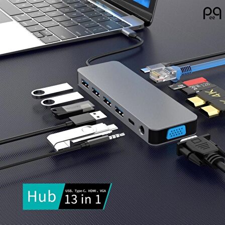 Peeq 13 in 1 Alüminyum Alaşımlı Hdmı Vga Usb 3.0 Pd Ethernet Macbook Pc Uyumlu Adaptör Çoklayıcı Hub