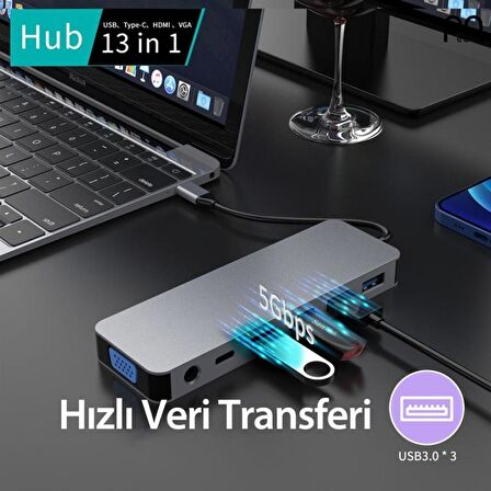 Peeq 13 in 1 Alüminyum Alaşımlı Hdmı Vga Usb 3.0 Pd Ethernet Macbook Pc Uyumlu Adaptör Çoklayıcı Hub