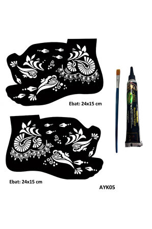 Alsepeteavm Sümbül Desenleri 2 Adet Ayak Kalıbı ve Siyah Hint Kınası Geçici Dövme Yapma Seti