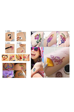 Alsepeteavm Simli Dövme Glitter Tattoo Kit 10 tüp Sim 90 şablon hediyeli Mega Paket