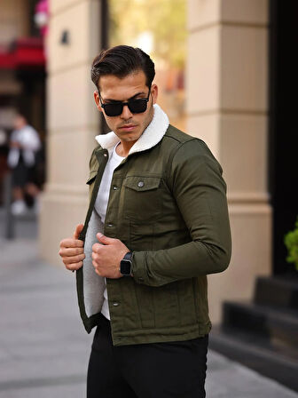 Yeşil Renk İçi Kürklü Kot Mont