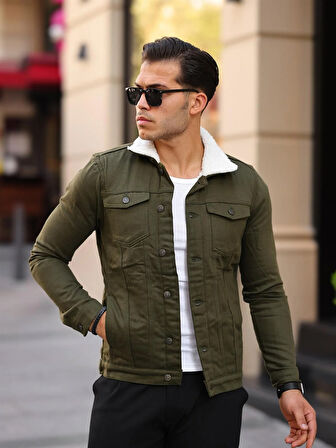 Yeşil Renk İçi Kürklü Kot Mont