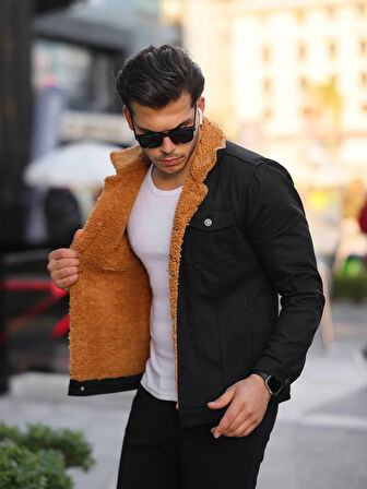 Siyah İçi Hardal Kürklü Erkek Mont