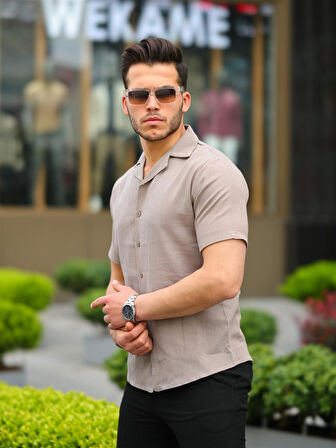 Vizon Renk Pamuk Keten Kısa Kol Gömlek