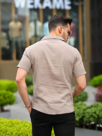 Vizon Renk Pamuk Keten Kısa Kol Gömlek