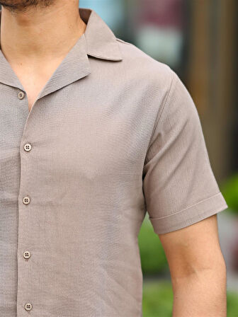 Vizon Renk Pamuk Keten Kısa Kol Gömlek