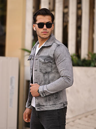 Gri Renk Eskitme Kot Ceket