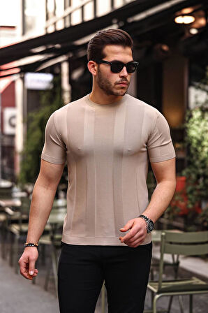 Vizon Renk Kısa Kol Erkek Triko Tişört
