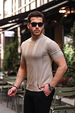 Vizon Renk Kısa Kol Erkek Triko Tişört