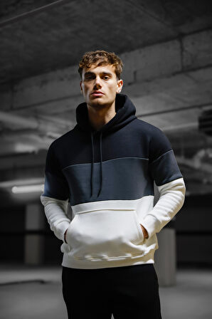 Oversize Siyah Renk Füme Şeritli  Kapüşonlu Eşofman Takımı