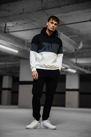 Oversize Siyah Renk Füme Şeritli  Kapüşonlu Eşofman Takımı