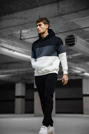 Oversize Siyah Renk Füme Şeritli  Kapüşonlu Eşofman Takımı