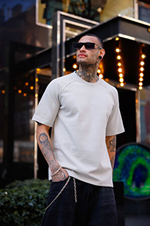 Bej Renk Yarım Kol Oversize Tişört