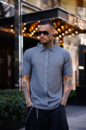 Antrasit Renk Detaylı Kısa Kol Triko Gömlek