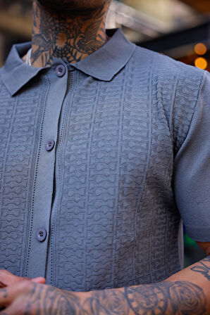 Antrasit Renk Detaylı Kısa Kol Triko Gömlek