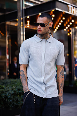 Gri Renk Detaylı Kısa Kol Triko Gömlek