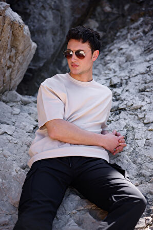 Erkek Bej Renk Oversize Baskısız Basic Tişört
