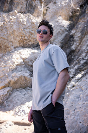 Erkek Gri Renk Oversize Baskısız Basic Tişört