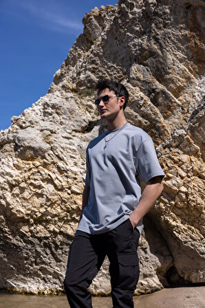 Erkek Gri Renk Oversize Baskısız Basic Tişört