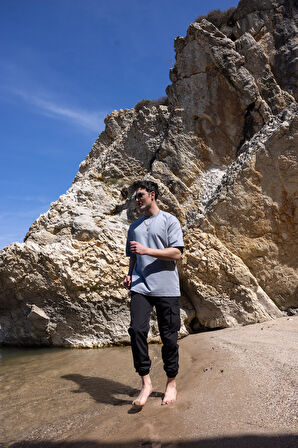 Erkek Gri Renk Oversize Baskısız Basic Tişört