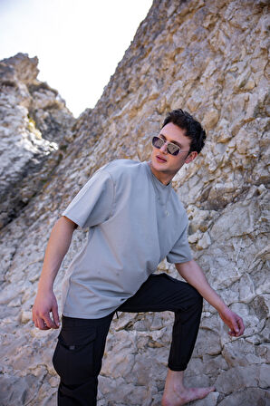 Erkek Gri Renk Oversize Baskısız Basic Tişört