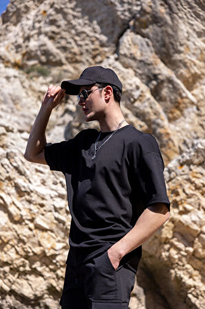 Erkek Siyah Renk Oversize Baskısız Basic Tişört