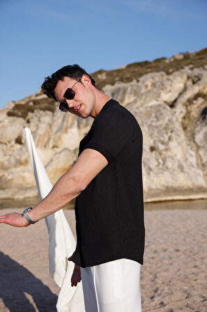 Erkek Siyah Renk Burgu Desen Kısa Kol Gömlek