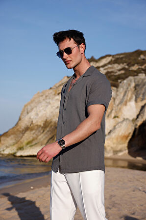 Erkek Antrasit Renk Burgu Desen Kısa Kol Gömlek