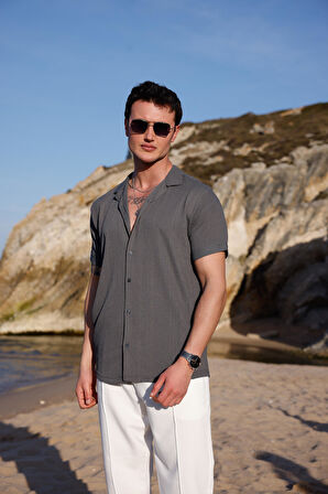 Erkek Antrasit Renk Burgu Desen Kısa Kol Gömlek