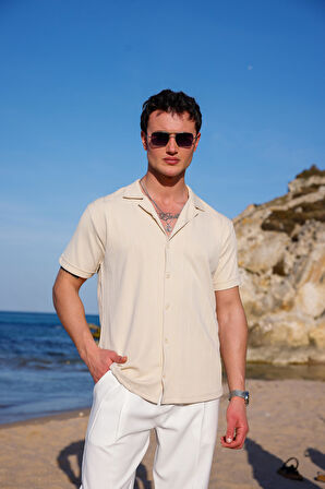 Erkek Bej Renk Örme Kilim Desen Kısa Kol Gömlek