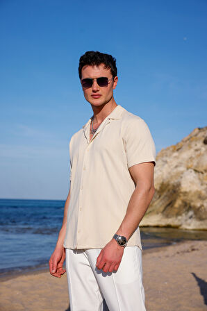 Erkek Bej Renk Örme Kilim Desen Kısa Kol Gömlek