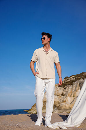 Erkek Bej Renk Örme Kilim Desen Kısa Kol Gömlek