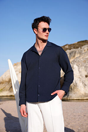 Erkek Lacivert Renk Örme Ottoman Kumaş Uzun Kol Gömlek