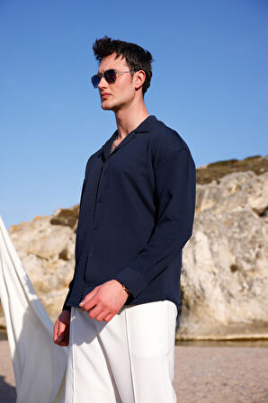 Erkek Lacivert Renk Örme Ottoman Kumaş Uzun Kol Gömlek