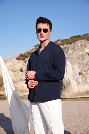 Erkek Lacivert Renk Örme Ottoman Kumaş Uzun Kol Gömlek