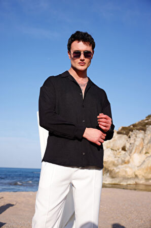 Erkek Siyah Renk Örme Ottoman Kumaş Uzun Kol Gömlek