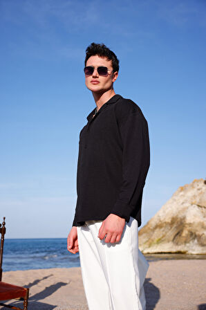 Erkek Siyah Renk Örme Ottoman Kumaş Uzun Kol Gömlek