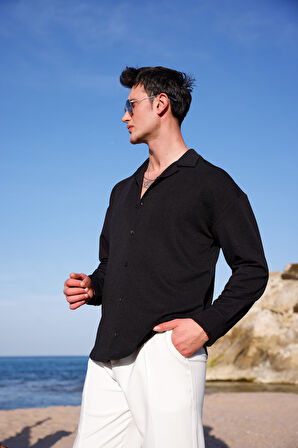 Erkek Siyah Renk Örme Ottoman Kumaş Uzun Kol Gömlek