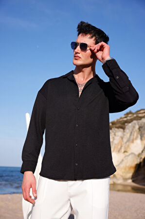 Erkek Siyah Renk Örme Ottoman Kumaş Uzun Kol Gömlek