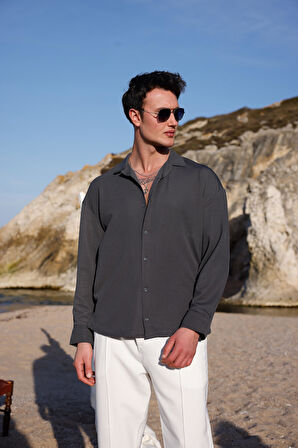 Erkek Antrasit Renk Örme Ottoman Kumaş Uzun Kol Gömlek